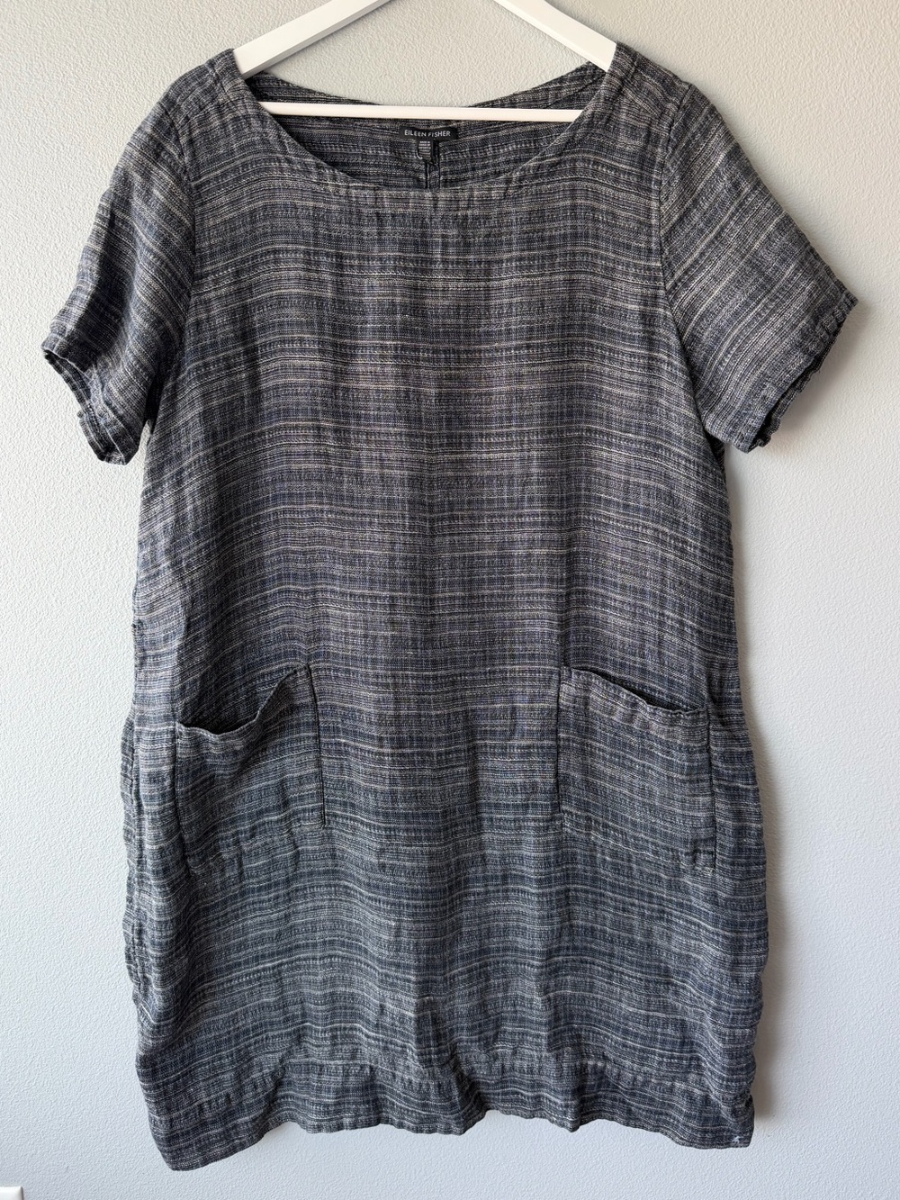 Eileen Fisher grey white woven Coastline 100% organic linen shift dress sz XL